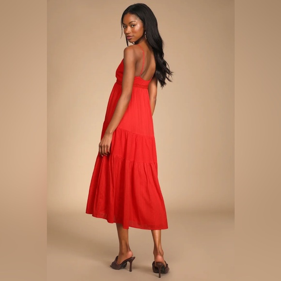 Out and About Bright Red Tiered Lace-Up Midi Dress - size XL - Picture 8 of 8